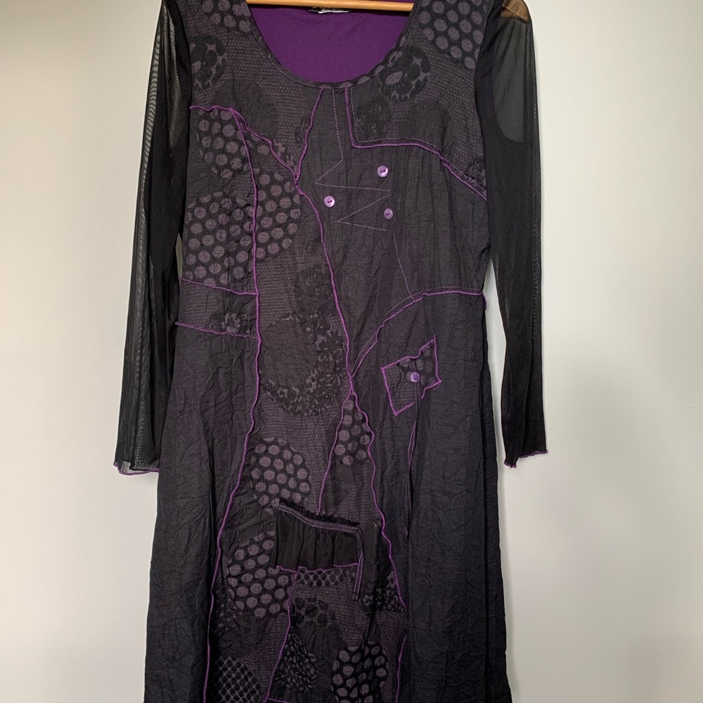 Simon Chang Black and Purple Long Sleeve Dress